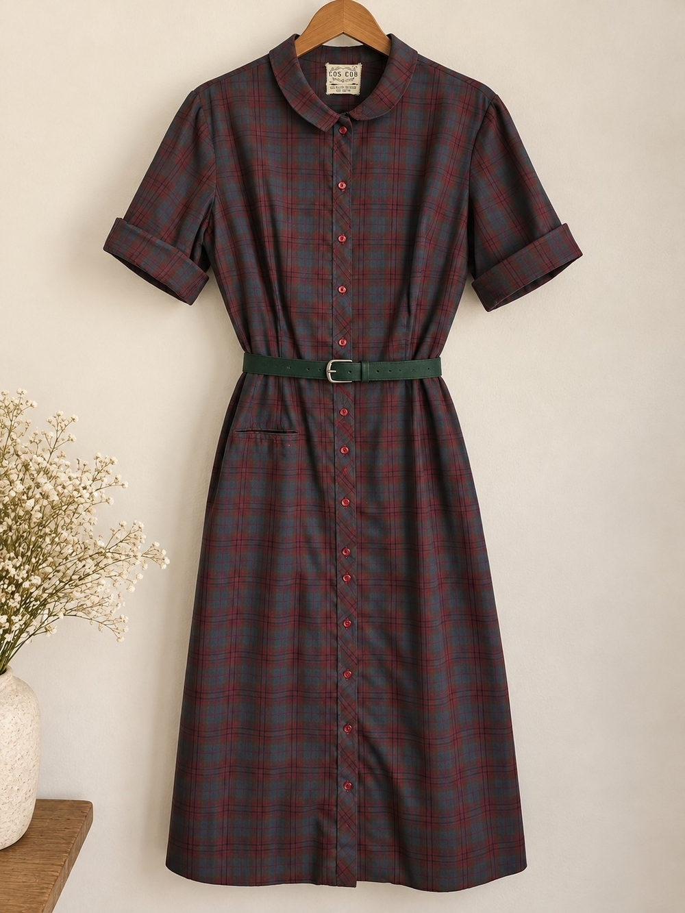 Vintage COS COB Plaid Shirt Dress 1950s–60s Belted Midi Size M